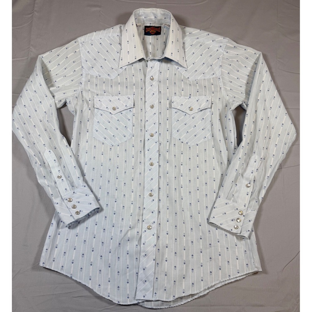 Rio Grande Vintage Western Pearl Snap Shirt Blue Striped Long Sleeve Men 15.5-34